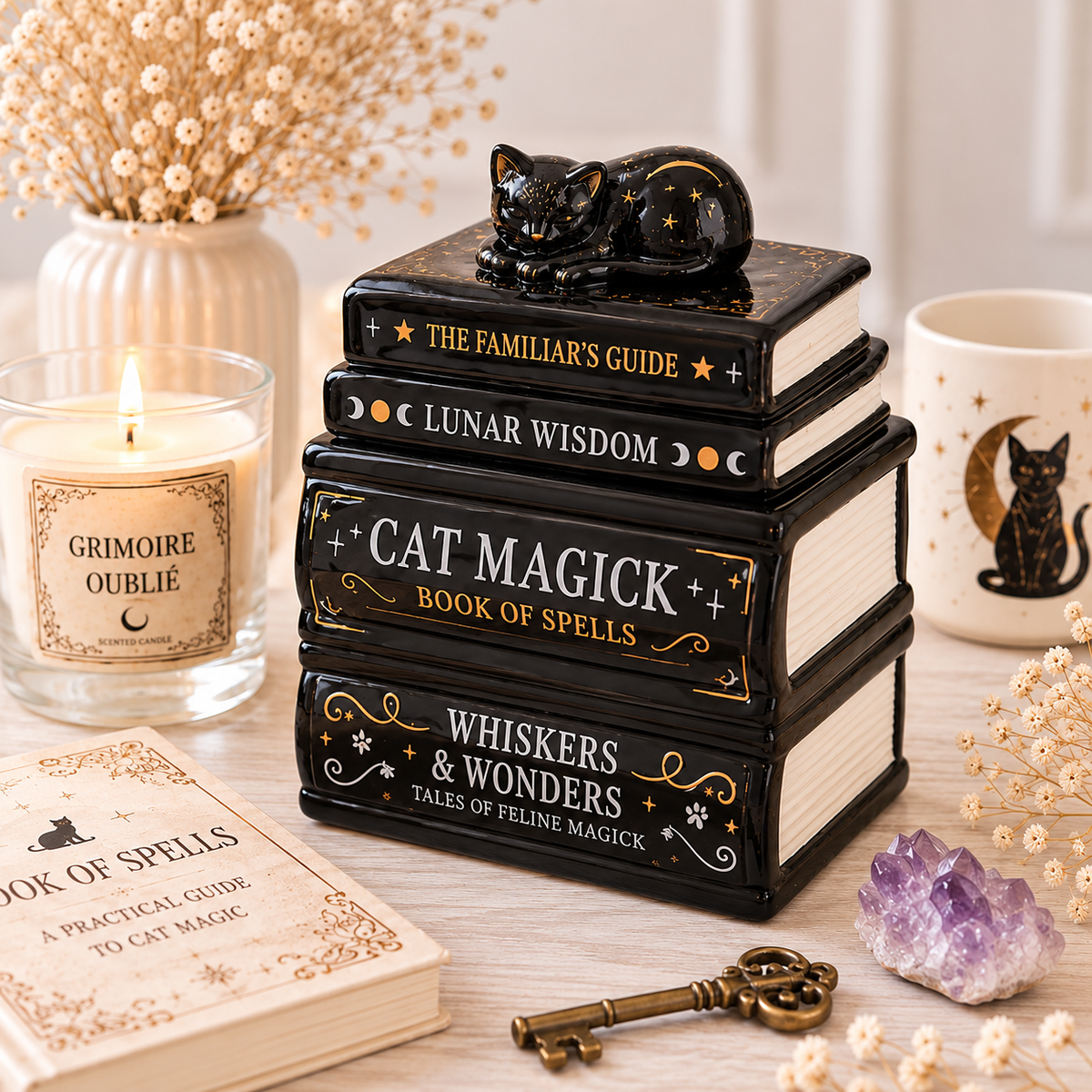 Book stack with cat