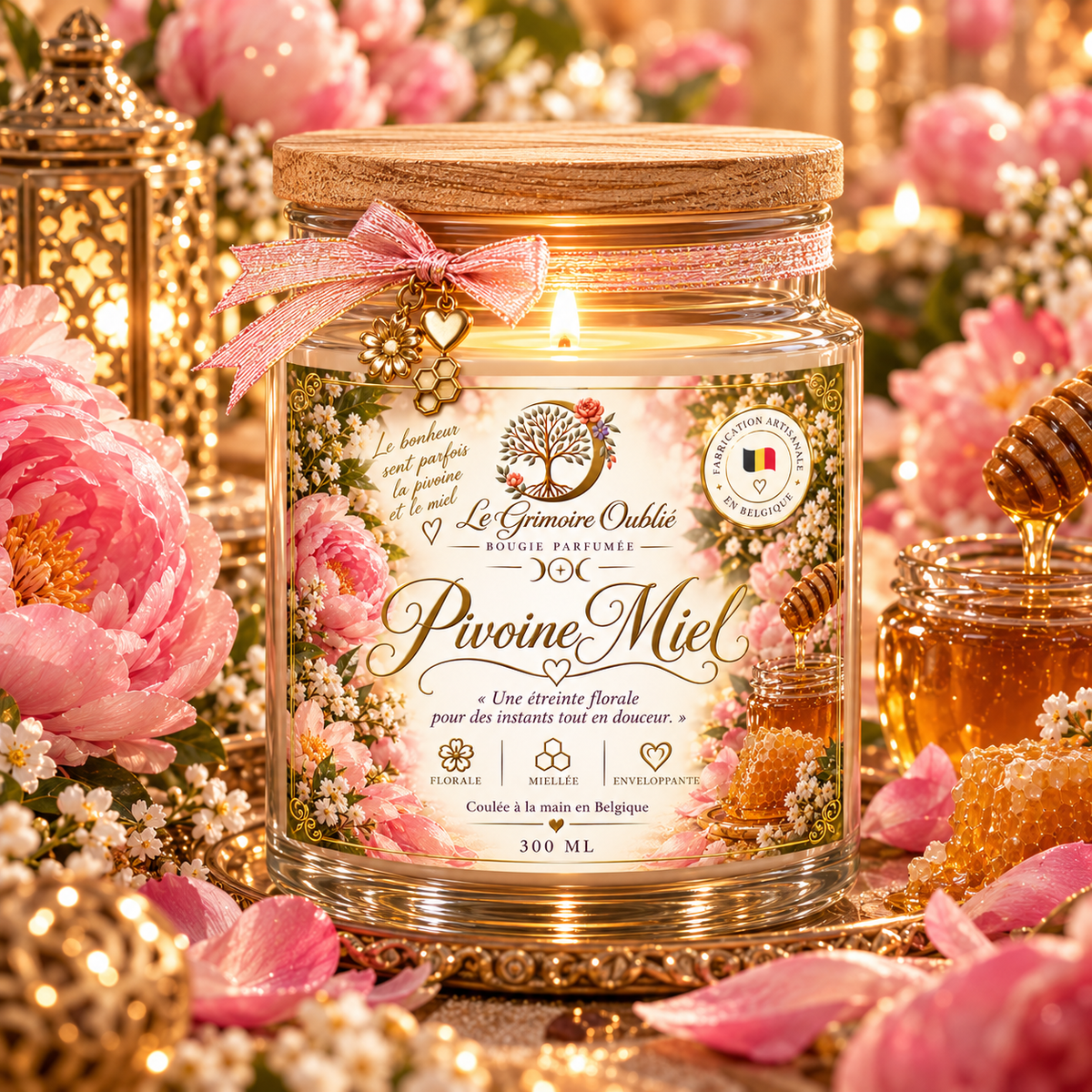 Bougie parfumée Pivoine Miel artisanale | Le Grimoire Oublié