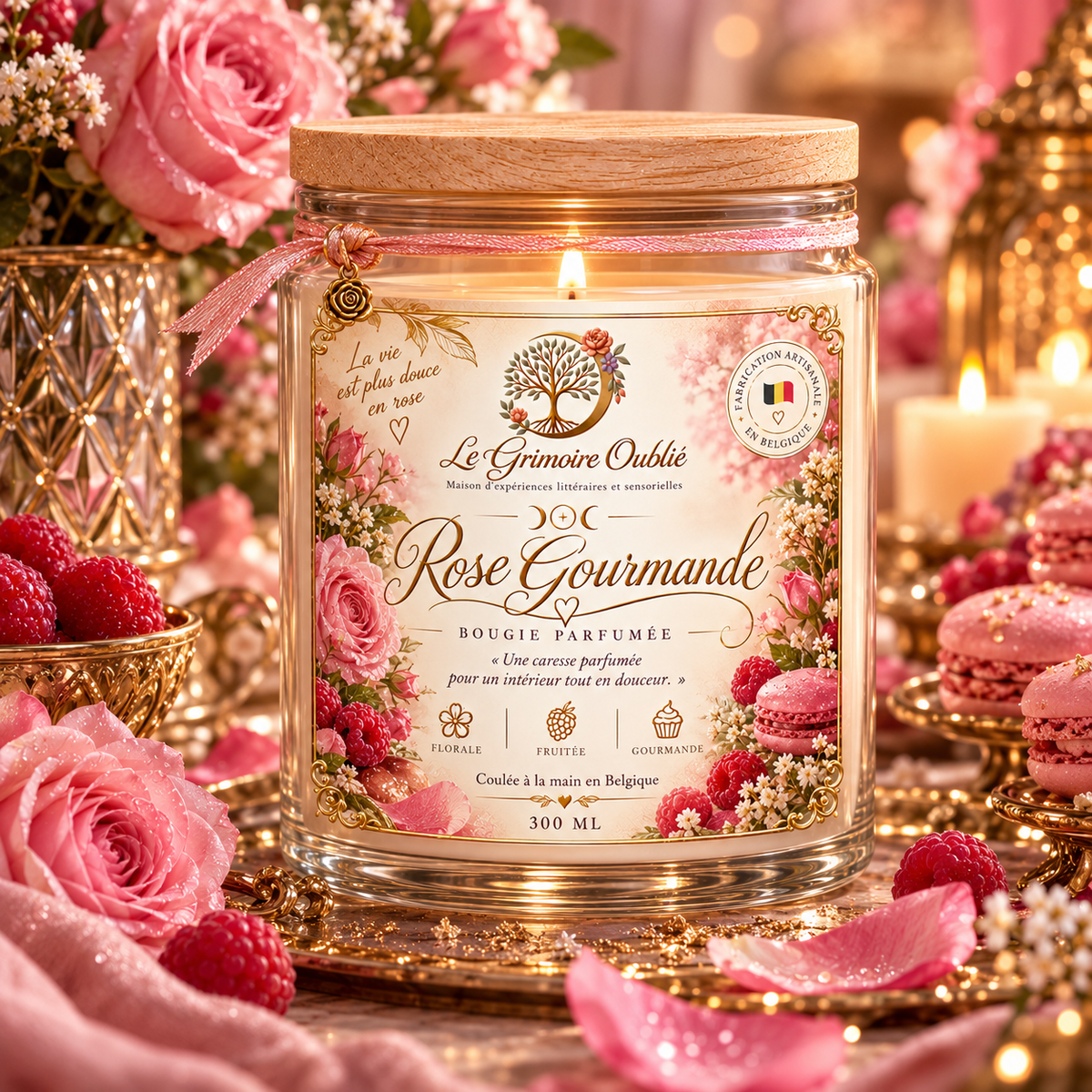 Bougie parfumée Rose Gourmande artisanale | Le Grimoire Oublié