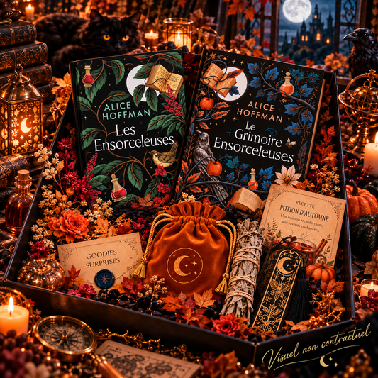 La Box Ensorcelante réunit deux romans d’Alice Hoffman, une bougie artisanale parfumée, des douceurs et de jolies attentions pour prolonger votre lecture.