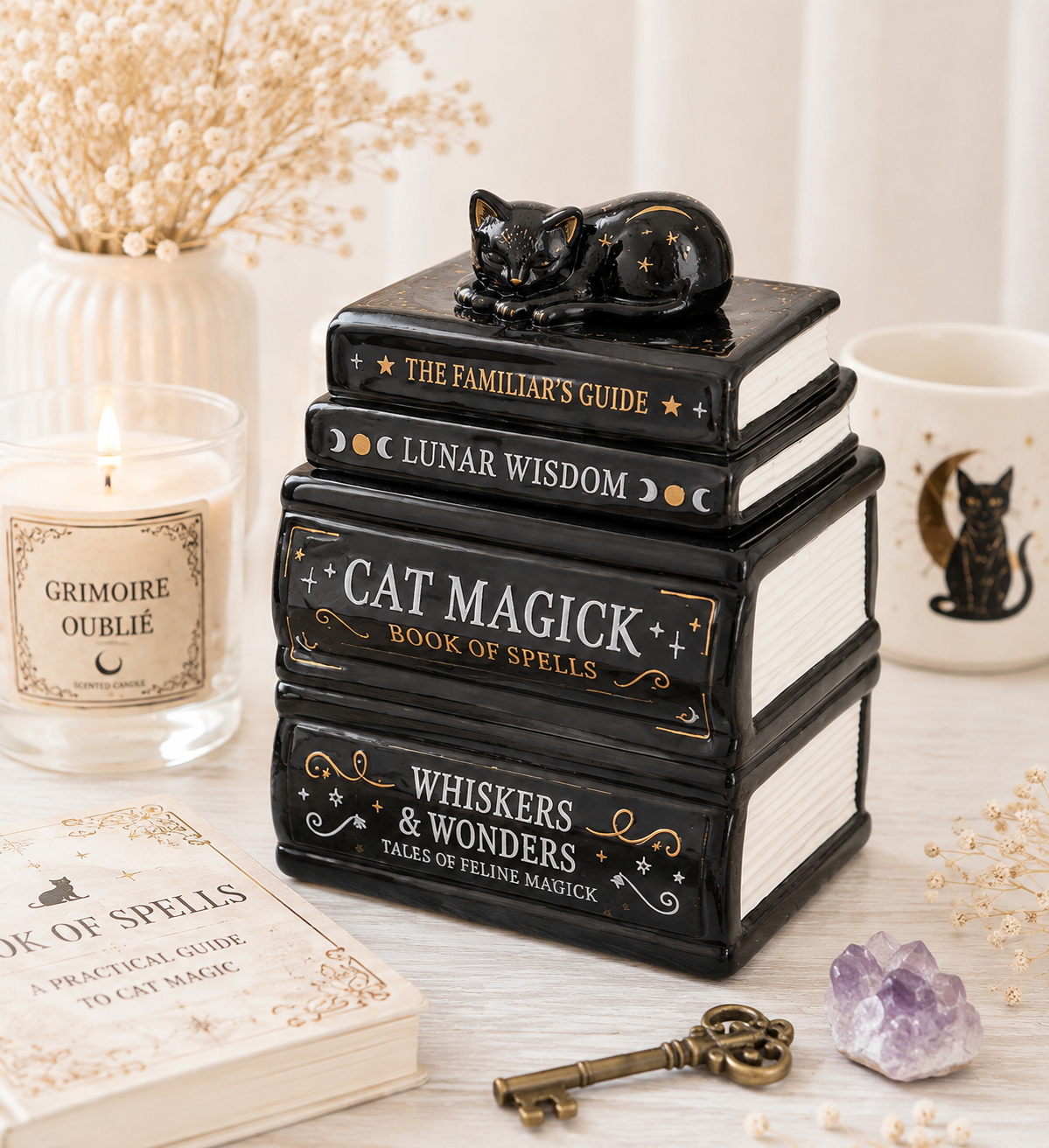 Book stack with cat