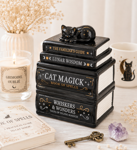 Book stack with cat