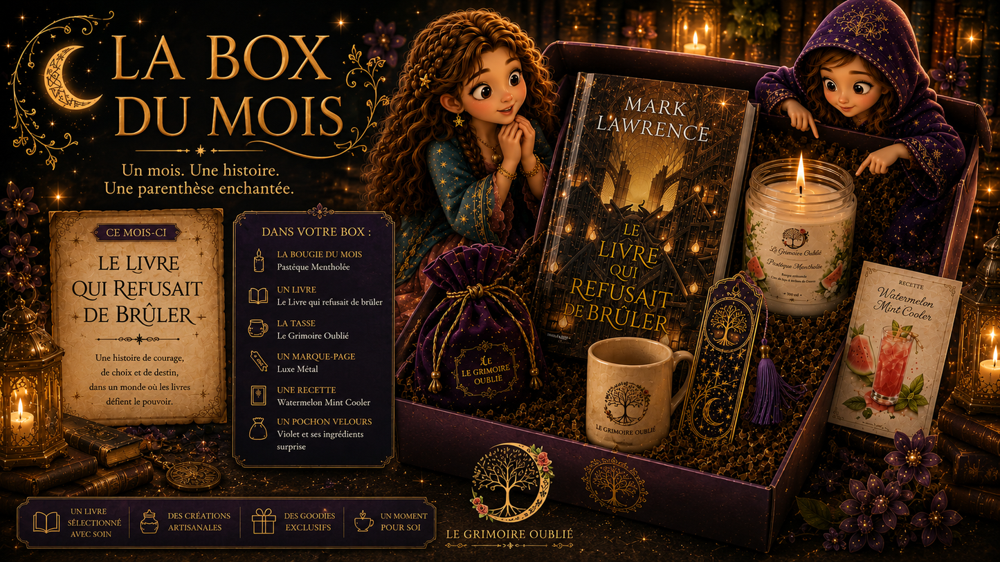 Box littéraire Prestige Le Grimoire Oublié avec roman, bougie artisanale et mug