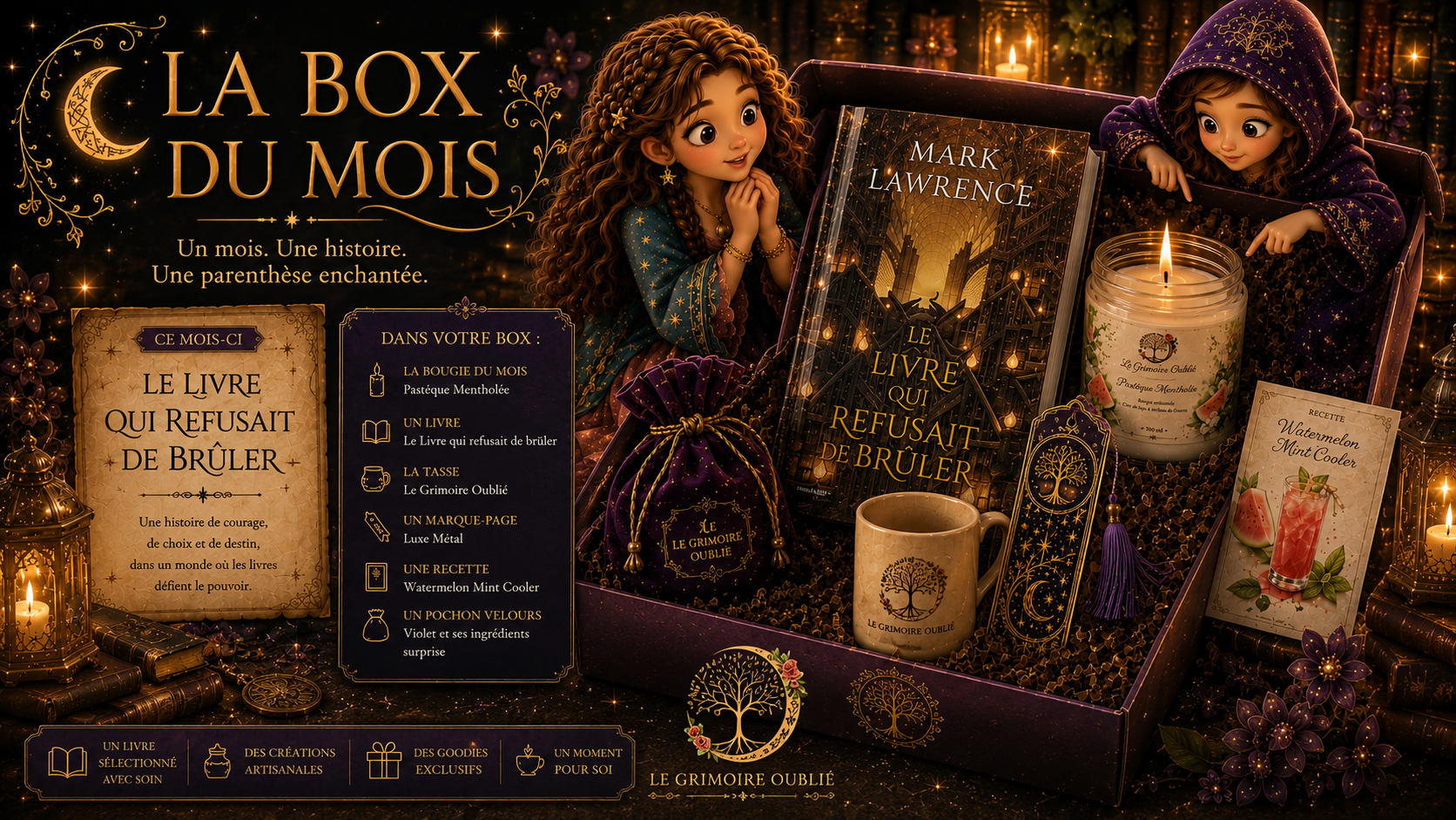 Box littéraire Prestige Le Grimoire Oublié avec roman, bougie artisanale et mug